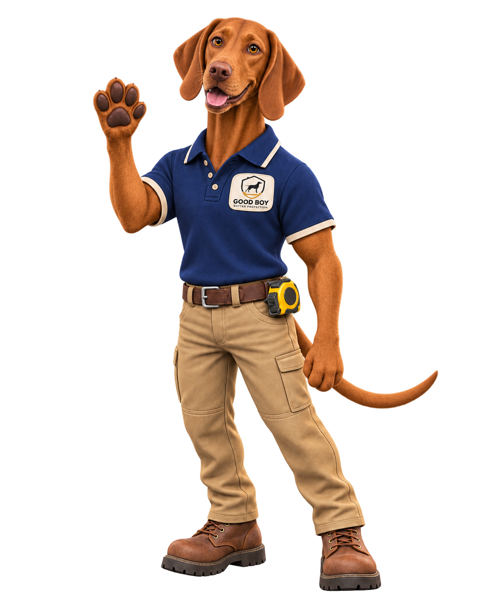 Dempsey, the Good Boy Gutter Protection mascot, waving in a Good Boy work shirt
