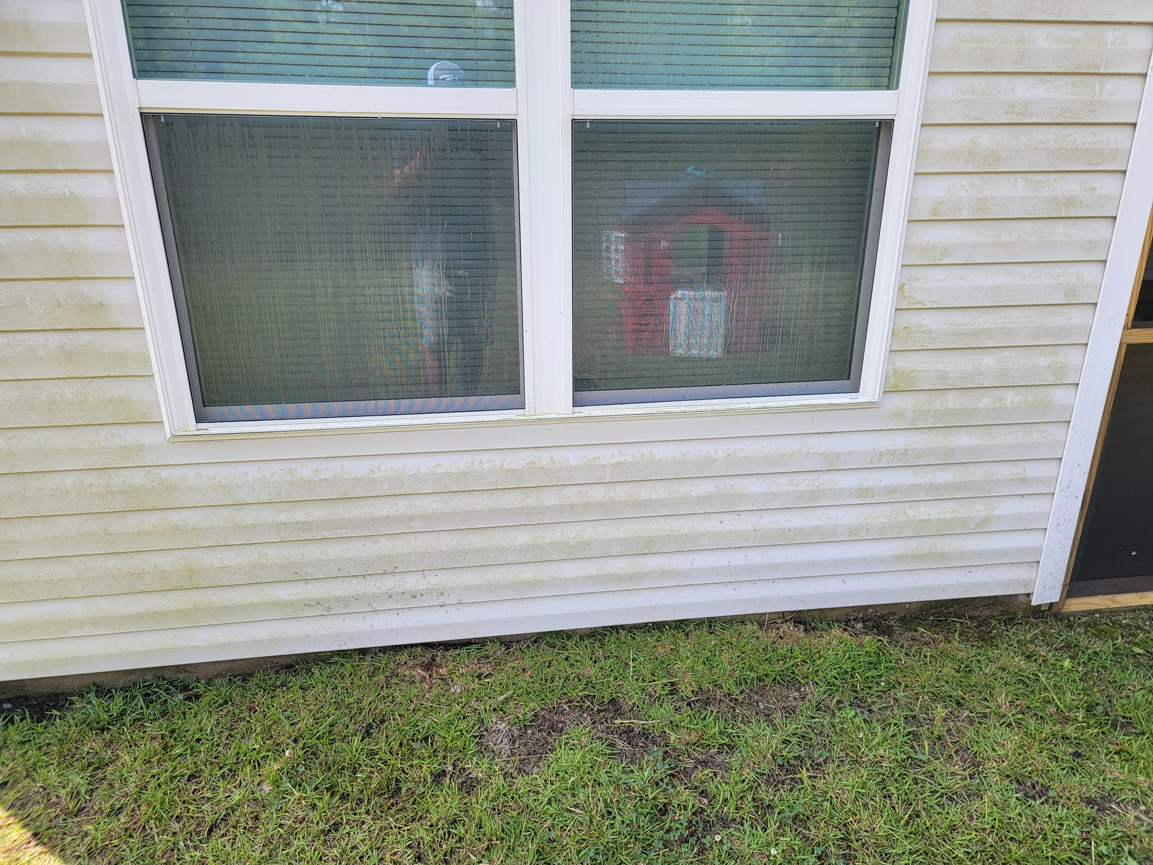 Before house wash: visible organic buildup on white residential siding below a double window